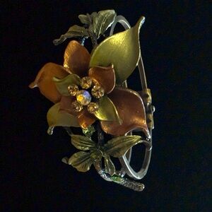 Vintage Floral Gold and Green Metal Cuff Bracelet